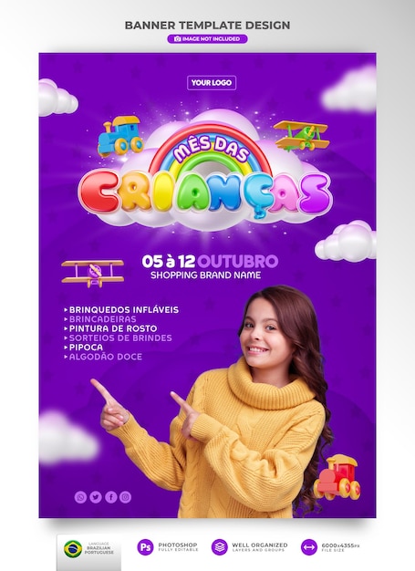 Banner del Mes de los Niños 3d render en Brasil Diseño de plantillas en portugués