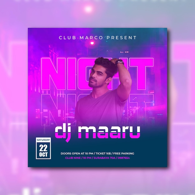 PSD banner de música de fiesta de dj de noche moderna para plantilla de redes sociales