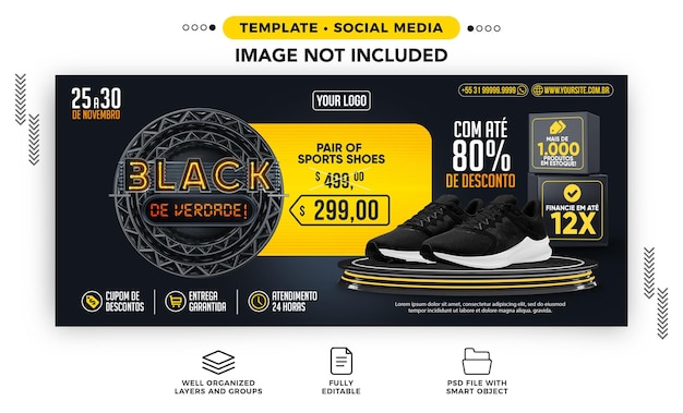 Banner nas redes sociais black friday pra valer com oferta de calçados no brasil
