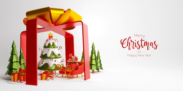 Banner de navidad de árbol de navidad, trineo y caja de regalo dentro de una gran caja de regalo, ilustración 3d