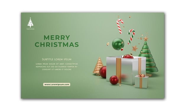 Banner de Navidad. Diseño de Navidad de fondo de bola de árbol de Navidad. Cartel de Navidad horizontal, tarjeta de felicitación, encabezados para sitio web. Render 3D.