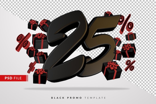 Banner negro número 25 black friday 3d con cajas de regalo oscuras