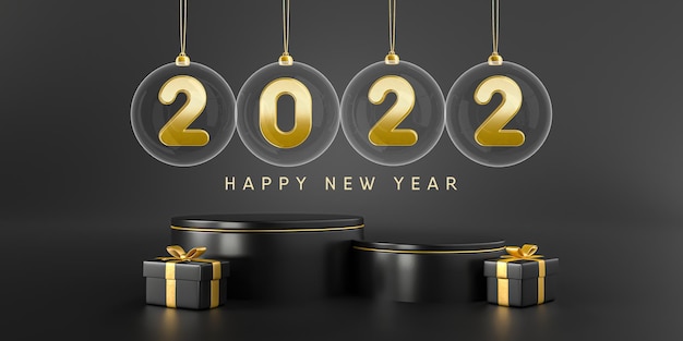 Banner new year 2022 3d render template design pódio realista