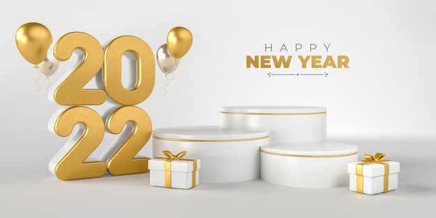 Banner new year 2022 3d render template design pódio realista