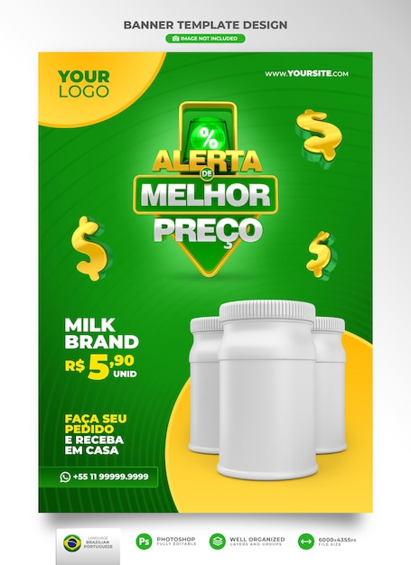 Banner Niedriger Preisalarm für Marketingkampagne in Brasilien Template-Design in portugiesischer 3D-Darstellung