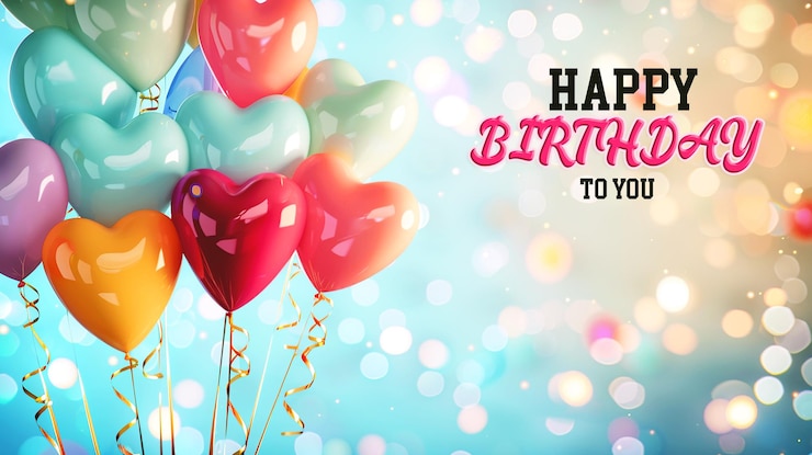 PSD banner o poster di buon compleanno con deliziosa torta e palloncini sullo sfondo