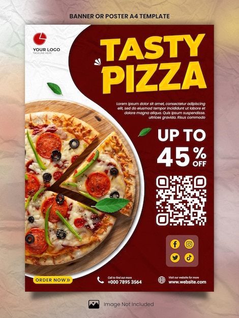 Banner- oder Poster-A4-Vorlage für leckere Pizza-Menüs und Restaurants