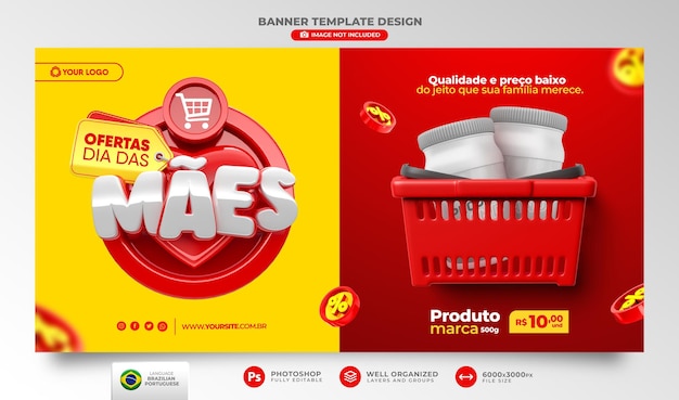 Banner oferta del día de la madre en portugués 3d render para campaña de marketing en brasil