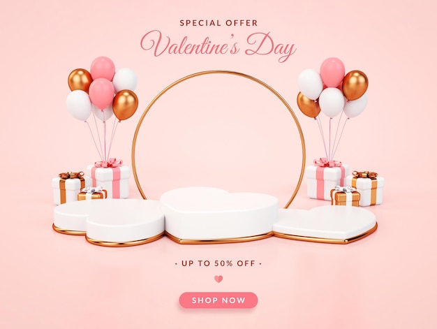 Banner de oferta del día de San Valentín con tres plataformas de podio en forma de corazón, regalos y globos. renderizado 3D