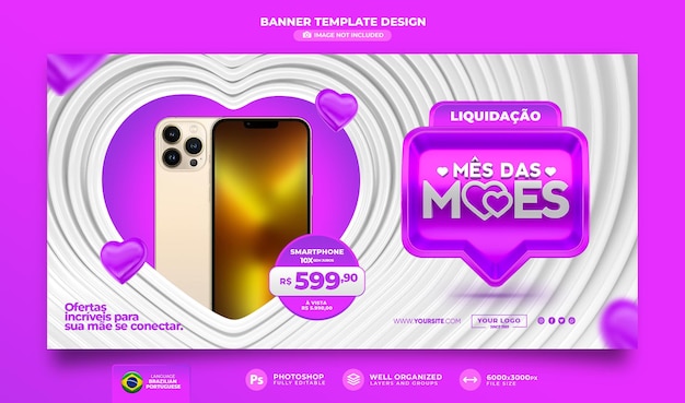 PSD banner oferta do mês das mães em português renderização 3d para campanha de marketing no brasil