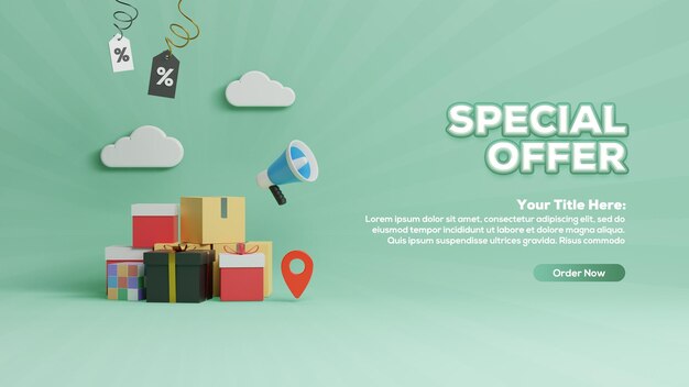 PSD banner de oferta especial de renderizado 3d con cajas de regalo