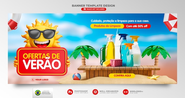 Banner de oferta de verano en portugués brasileño en plantilla de representación 3d para marketing