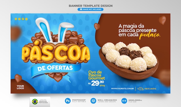 PSD banner ofertas de páscoa no brasil em 3d rendem descontos e promoções realistas em português