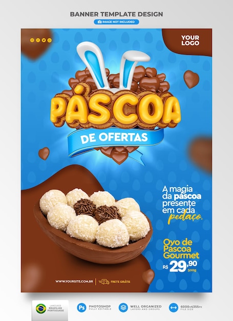 Banner ofertas de páscoa no Brasil em 3d rendem descontos e promoções realistas em português