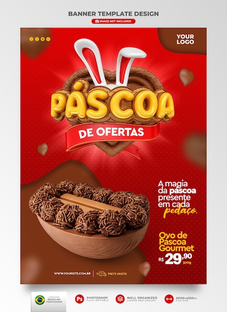 Banner ofertas de páscoa no Brasil em 3d rendem descontos e promoções realistas em português