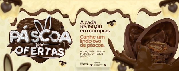 PSD banner ofertas de páscoa no brasil em 3d rendem descontos e promoções realistas em português