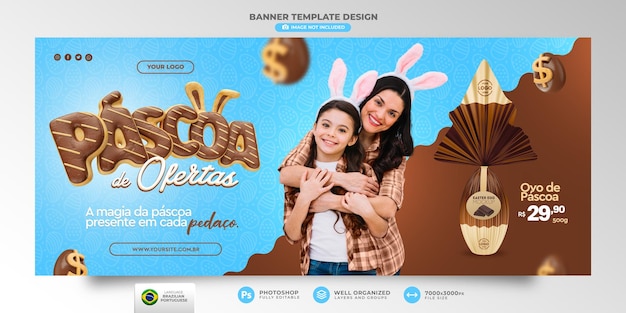 PSD banner ofertas de pascua en brasil en 3d renderizar descuentos y promociones realistas en portugués