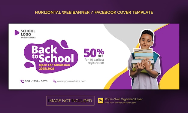Banner orizzontale per l'ammissione a scuola o modello pubblicitario per la copertina di Facebook