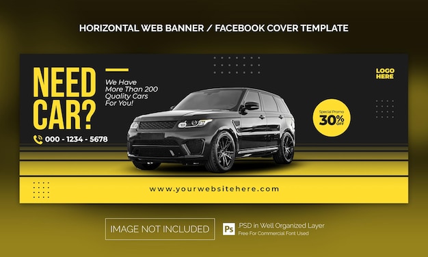Banner orizzontale per la vendita di auto a noleggio o modello pubblicitario per la copertina di Facebook