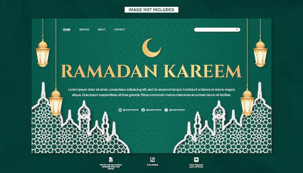 Banner de la página de aterrizaje de Ramadan Kareem en un fondo islámico verde gradiente