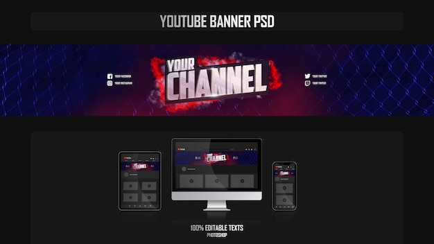 PSD banner para canal do youtube com conceito de luta