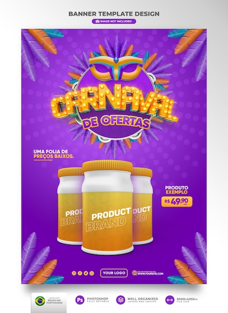 Banner para carnaval de ofertas no brasil em 3d para campanha de marketing em português