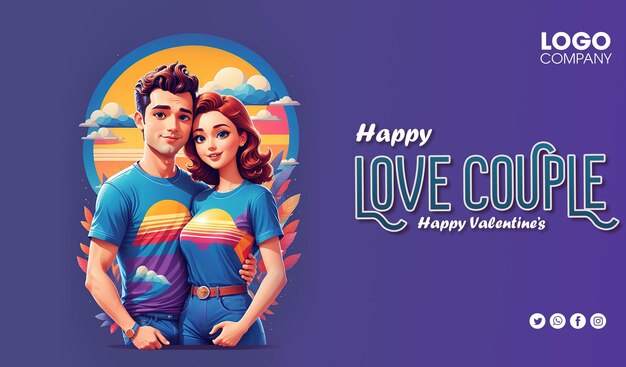 PSD banner pareja enamorada feliz día de san valentín concepto joven hombre mujer abrazando personajes de dibujos animados