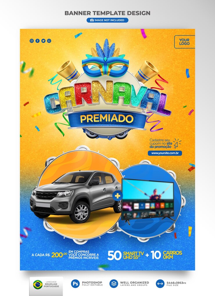 PSD banner per il carnevale delle offerte in brasile in 3d per la campagna di marketing in portoghese