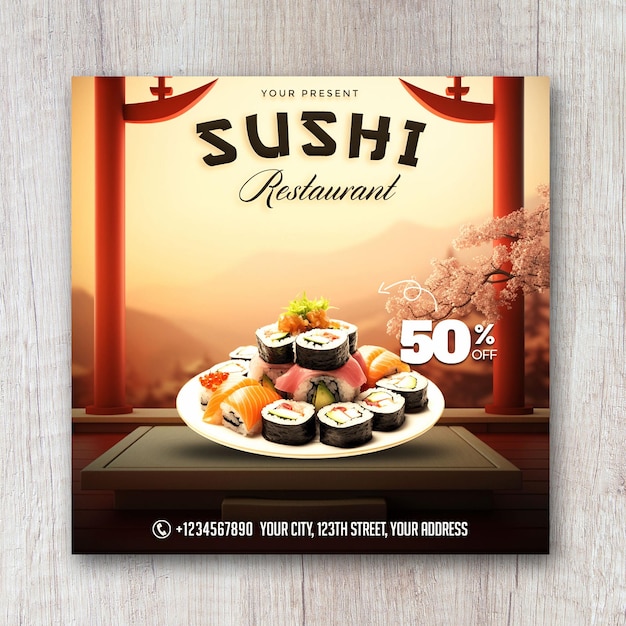 PSD banner de plantilla de publicación de redes sociales de folleto de comida japonesa de sushi