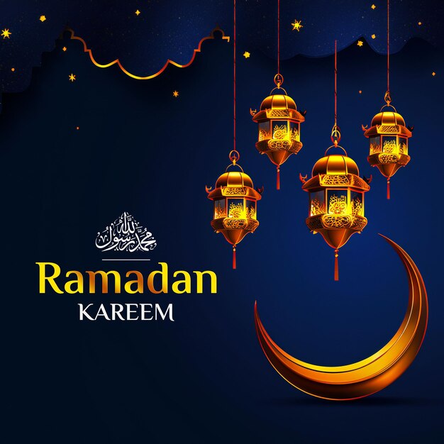 Banner de plantilla de publicación en las redes sociales de Ramadan Kareem con linternas y luna en 3D