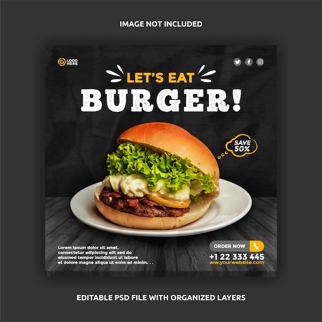 Banner post quadrato per hamburger di cibo instagram e altri post sui social media