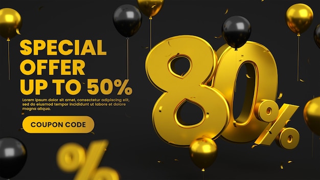 Banner post vendita mega super flash oro e nero con l'80% di sconto sull'offerta speciale