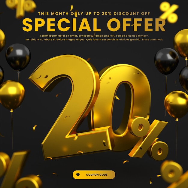 Banner post vendita mega super flash oro e nero con offerta speciale di sconto del 20%.