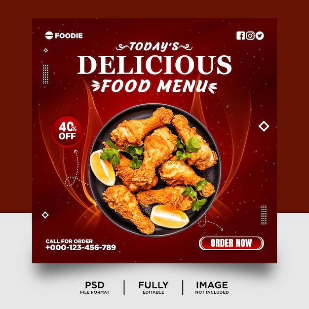 PSD banner de poste sur les réseaux sociaux pour les plats de poulet frits de couleur rouge