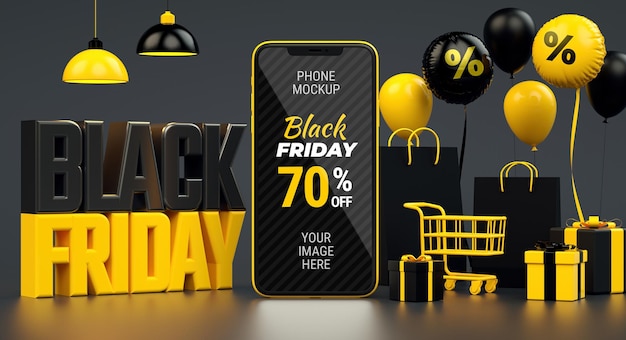 Banner preto de venda na sexta-feira com maquete de telefone celular e material amarelo em renderização 3d