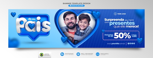 PSD banner promoção do dia dos pais design de modelo de renderização 3d em português brasileiro