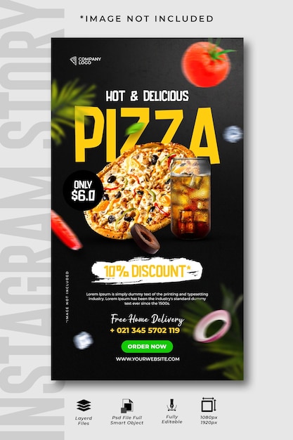 Banner de promoción de redes sociales de deliciosa comida de pizza y plantilla de diseño de historia de instagram