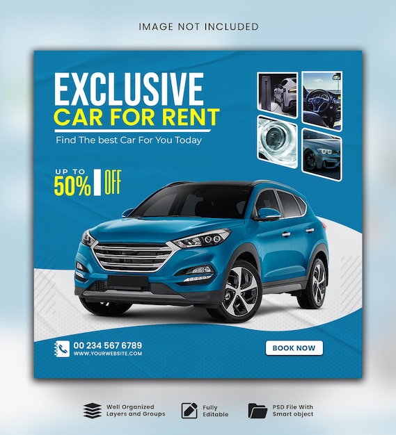 Banner de promoción de venta de alquiler de automóviles en las redes sociales o plantilla de publicación en Instagram