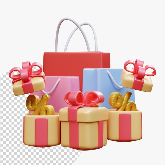Banner de promoción de venta de compras 3d Bolsa de compras y caja de regalo Concepto de gran descuento Promoción de redes sociales Representación 3D