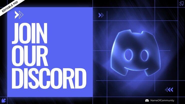 PSD banner promozionale di invito del server discord con logo luminoso 3d