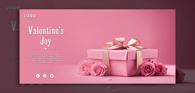PSD banner psd modèle de la saint-valentin avec boîte cadeau 3d avec des roses roses et un ruban doré isolé rose