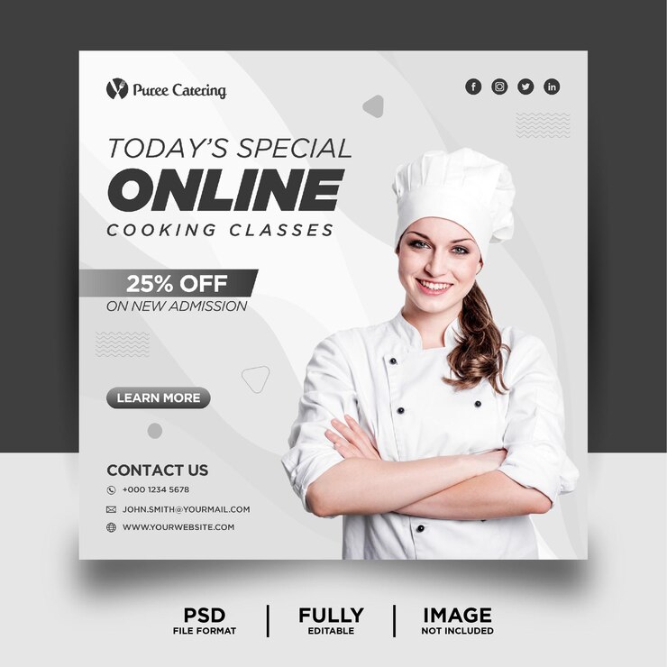 Banner pubblicitario sui social media per la promozione online di lezioni di cucina di colore grigio