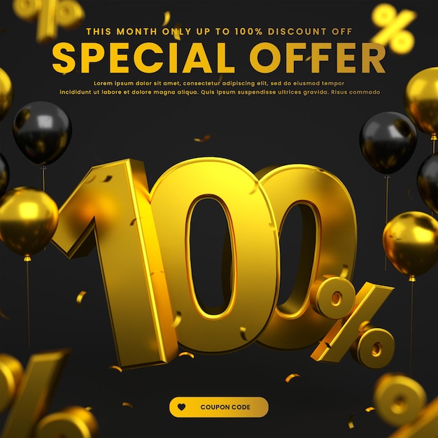 Banner de publicación de mega súper venta de flash grande dorado y negro con oferta especial de descuento del 100 por ciento