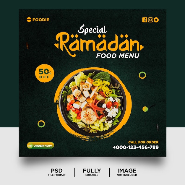 Banner de publicación de redes sociales de comida de Ramadán de color marrón negro