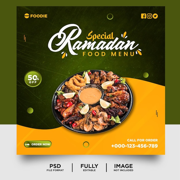 Banner de publicación de redes sociales de comida de ramadán de color verde oscuro del bosque