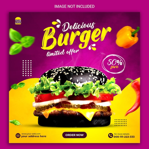 Banner de publicación de redes sociales de deliciosa hamburguesa