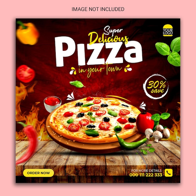 Banner de publicación de redes sociales de pizza súper deliciosa.