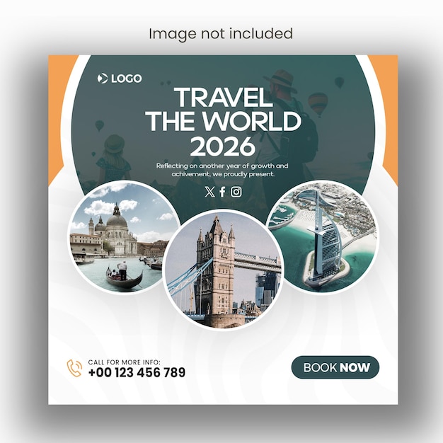 Banner de publicación de vacaciones de viajes en las redes sociales o plantilla de diseño de publicación cuadrada de Instagram