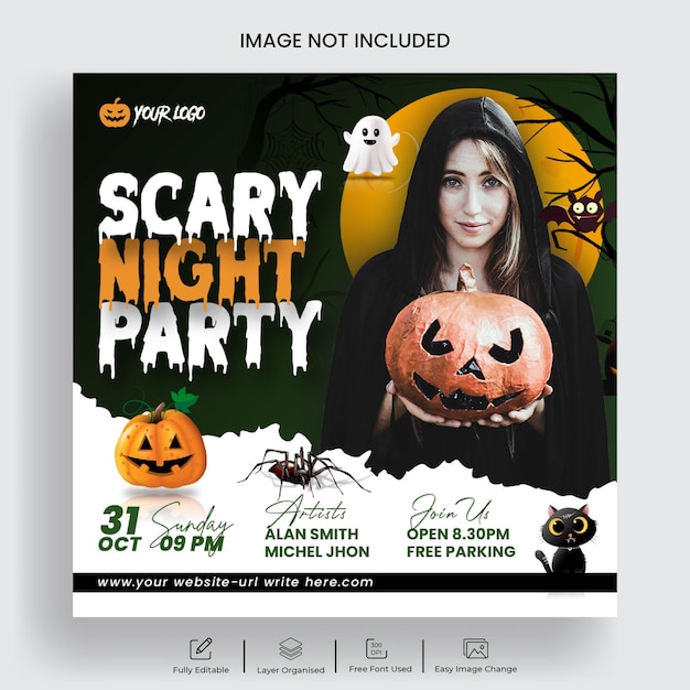 PSD banner de publicaciones de fiesta de la noche de halloween publicación de instagram y plantilla de banner web