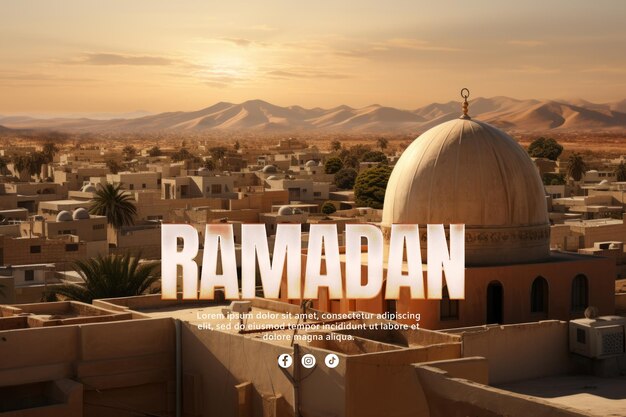 Banner para el ramadán con texto en una foto de una ciudad en el desierto